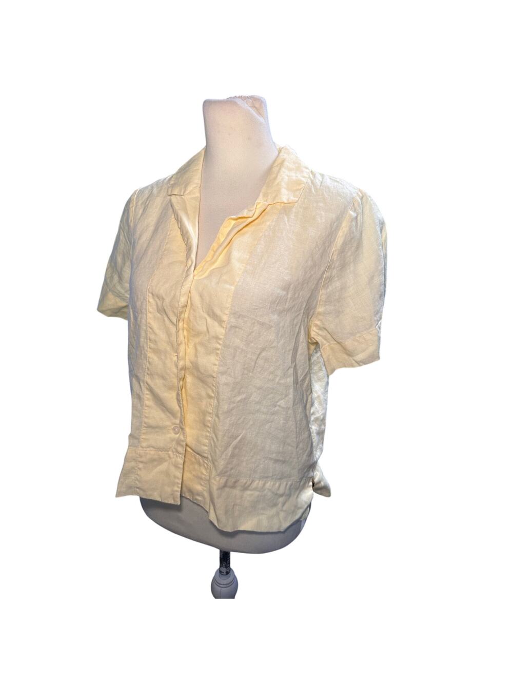 Quince 100% Linen Butter Yellow Button Front Short Sleeve Blouse, Women Size XS